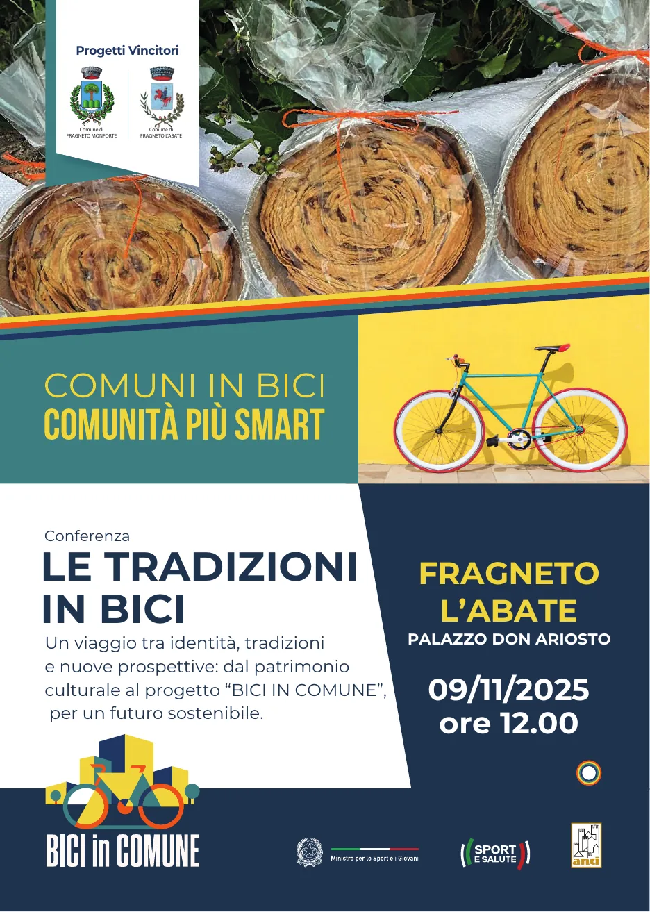 Locandina della conferenza Le Tradizioni in Bici, 9 novembre 2025, Fragneto l'Abate